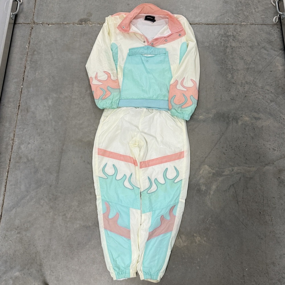 Pink Dolphin Tracksuit Mens Medium Pastel Cream Good Flame Print Nylon 2pc Set